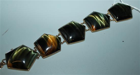 9ct gold modernist bracelet set five quartz panels (possibly hawks eye)